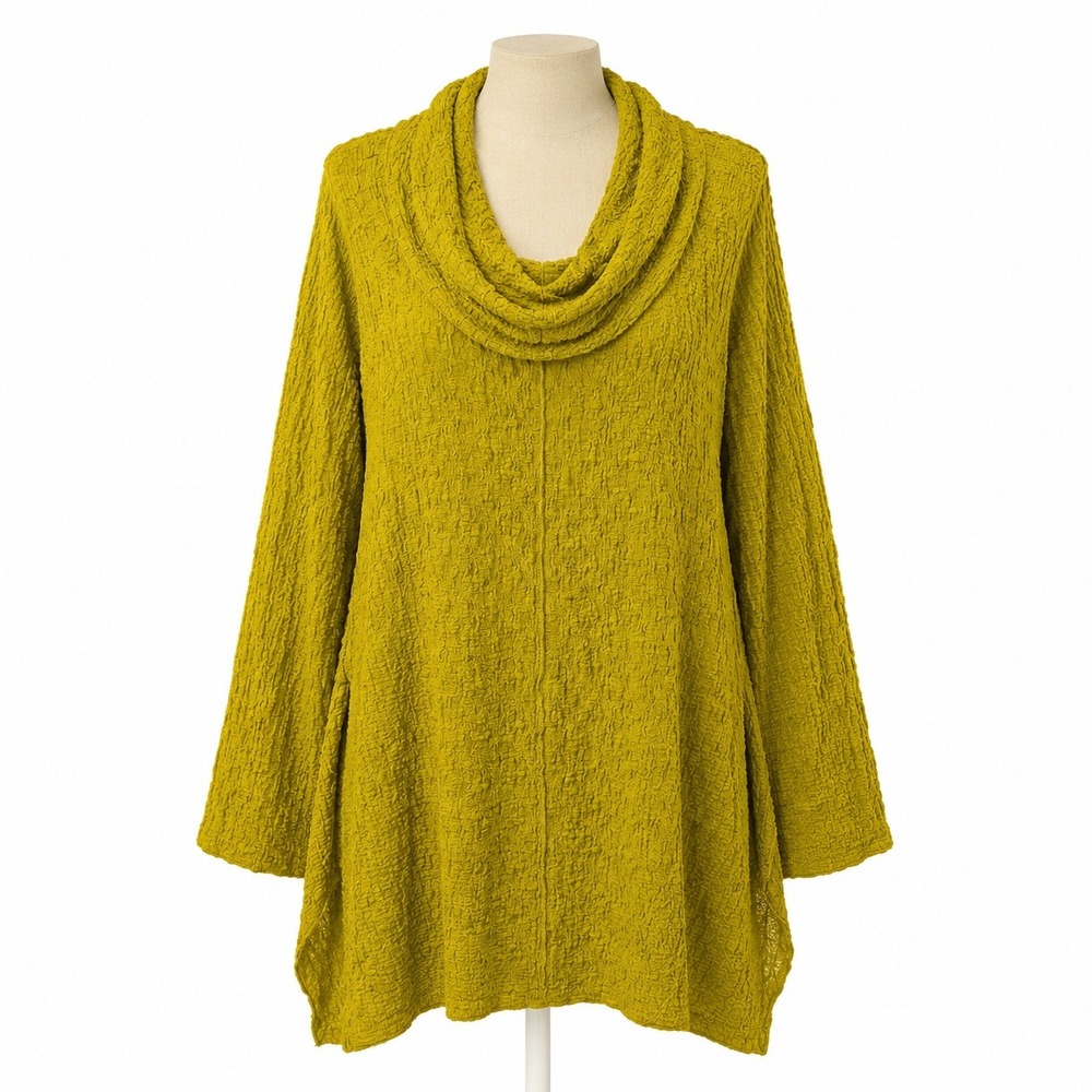 Ali Miles Boho Cowl Neck Tunic Top Size 2X Chartreuse Crinkle Lagenlook Comfort